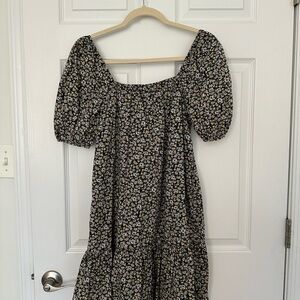 Uniqlo Floral Tiered Puff Sleeve Midi Dress - cotton, purple, yellow, black